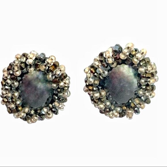 Hand  beaded silver natural hematite earrings with black crystal beaded border - Picture 4 of 9